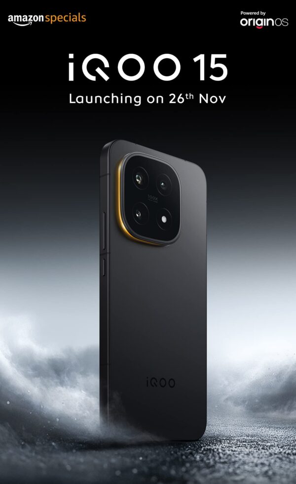 iQOO 15 back panel in black with clear view of the triple-lens 50MP camera module and "100x Tele Lens" branding.
