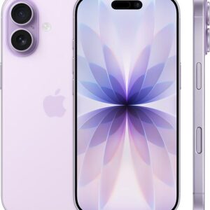 The Apple iPhone 17 in Mist Blue color on a table during the unboxing process, highlighting the 6.3-inch 120Hz display and dual 48MP camera system