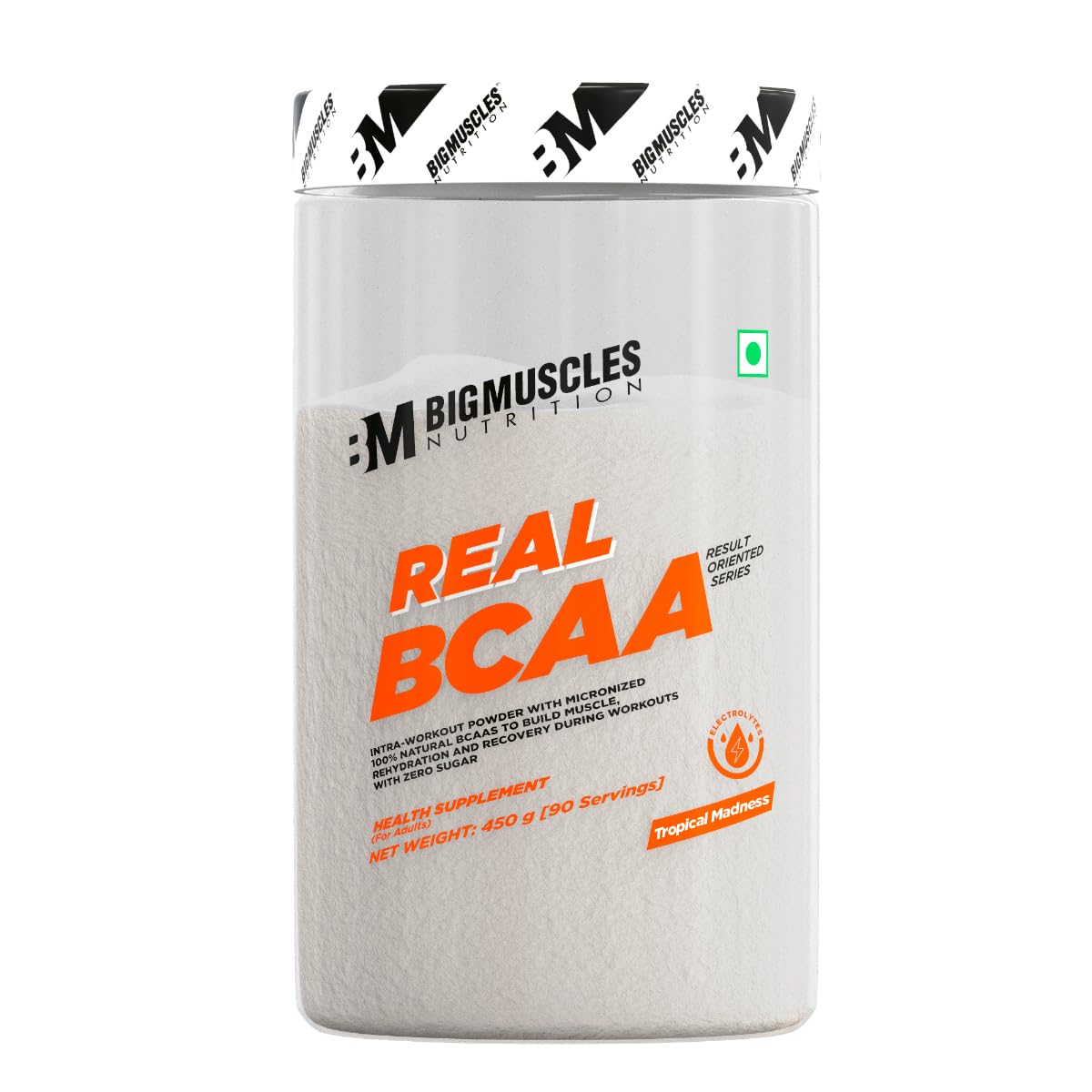 Bigmuscles Nutrition Real BCAA with Electrolytes [90 Servings, Tropical Madness] | BCAA Powder in 2:1:1 Optimal Ratio | Powerful Intra Workout for Muscle Recovery & Endurance [450g], 1 count
