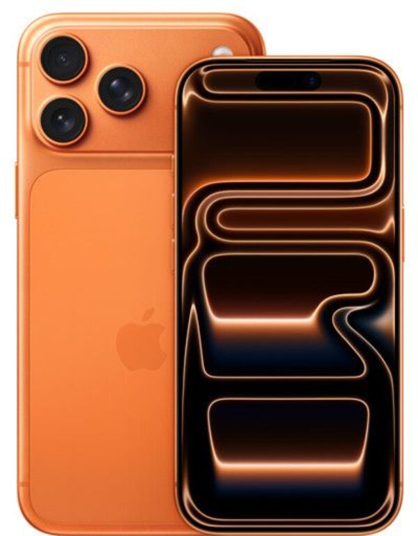 iPhone 17 Pro Cosmic Orange studio shot, showing the triple 48MP camera system with the tetraprism telephoto lens and aerospace-grade aluminum finish.