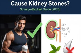 Man holding whey protein jar and kidney health infographic