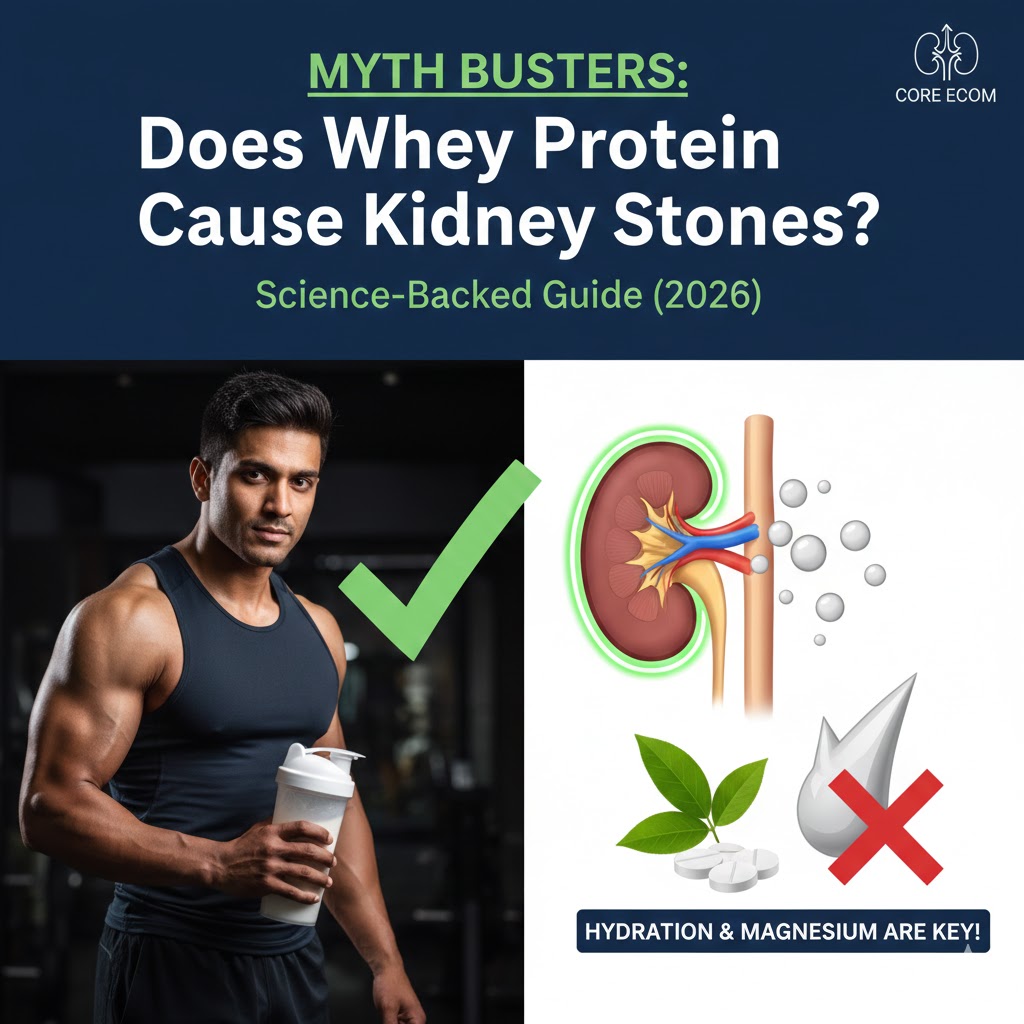 Man holding whey protein jar and kidney health infographic