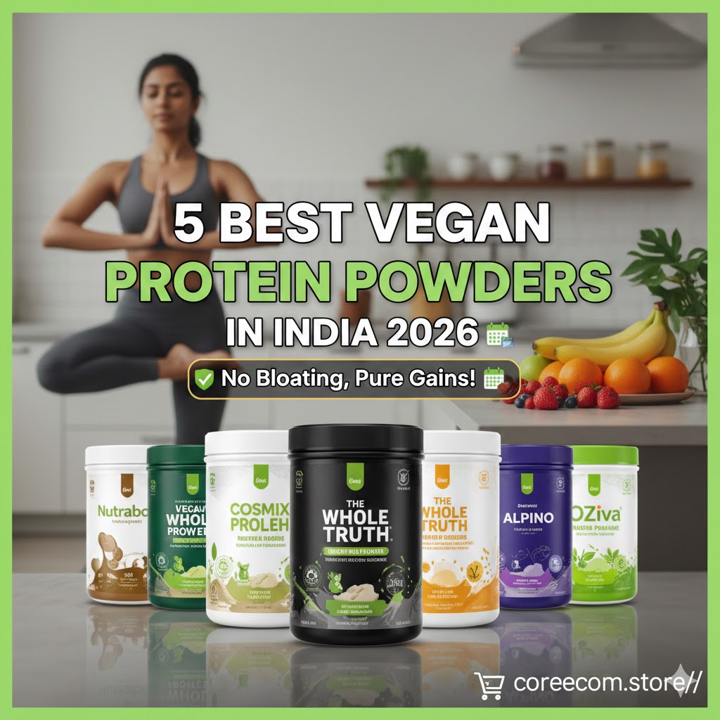 Thumbnail showing top 5 best vegan protein powders in India 2026 for coreecom.store.