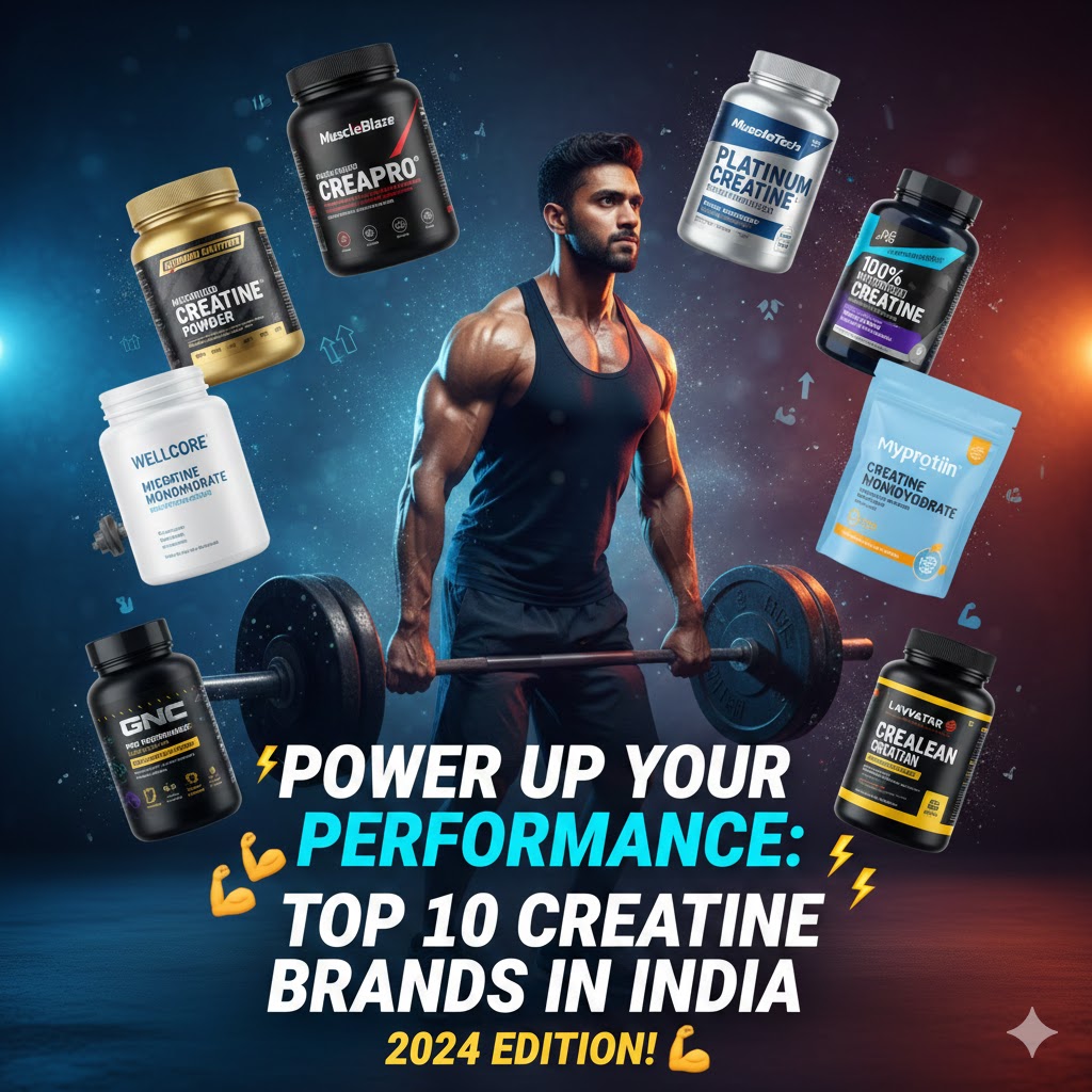 A muscular Indian athlete lifting weights surrounded by top 10 creatine brands in India including MuscleBlaze, ON, and Wellcore.