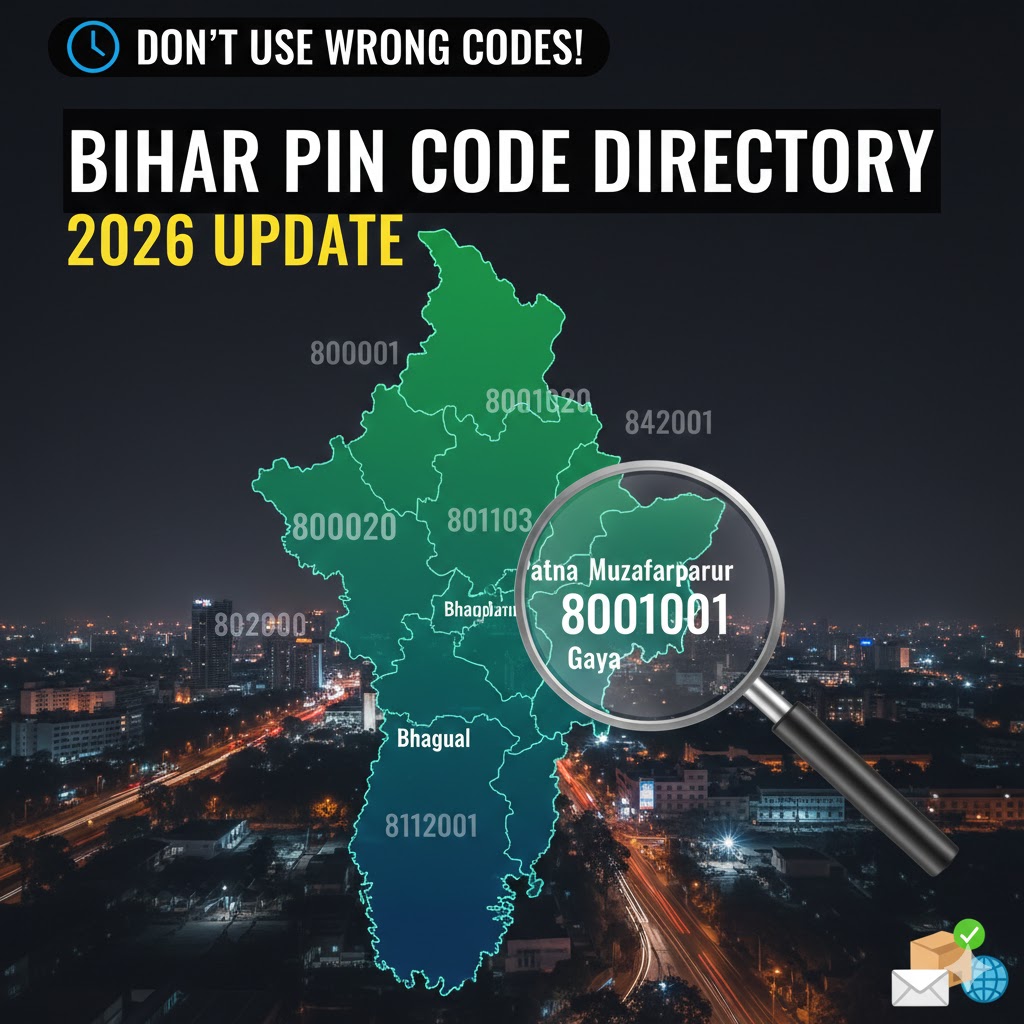 Bihar state map with city-wise pin codes including Patna and Gaya